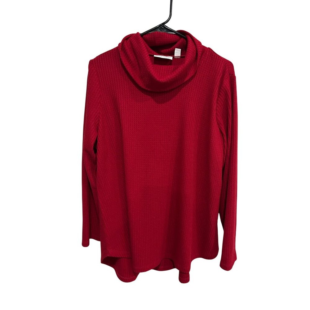 Susan Graver Red Cowl Neck Long Sleeve Waffle Knit Top Size XLP Comfy Layering